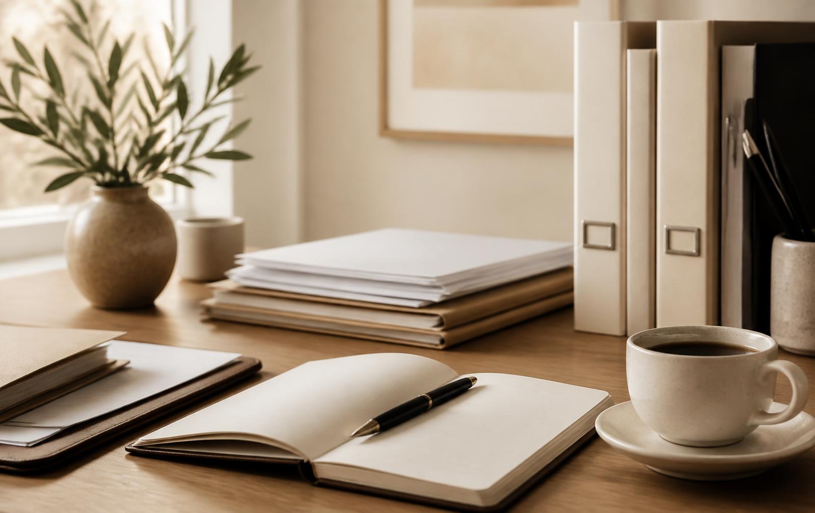 Bureau calme avec dossiers administratifs et carnet de notes